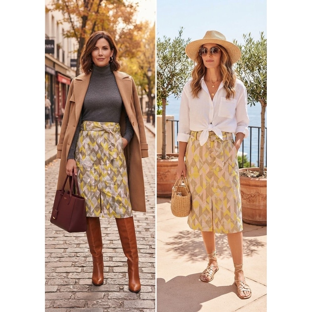 J.Crew Collection Geometric Jacquard Midi Skirt Yellow Pink E3179 Size 8 NEW$395